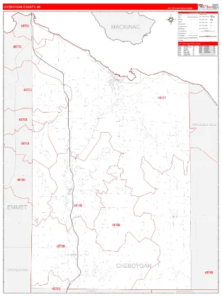 Cheboygan County, MI RedLine style ZIP Code wall map