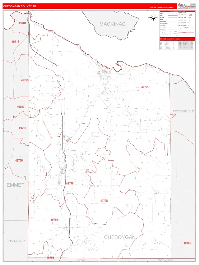 Cheboygan County, MI ZIP Code Wall Map, RedLine style