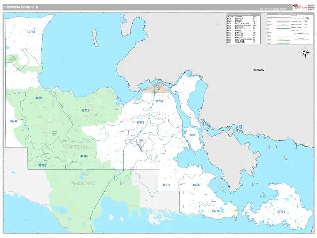 Chippewa County, MI ZIP Code Wall Map, Classic style