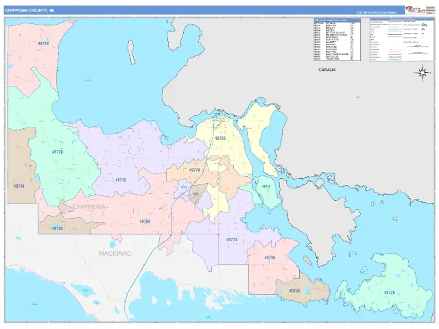 Chippewa County, MI ZIP Code Wall Map, ColorCast style