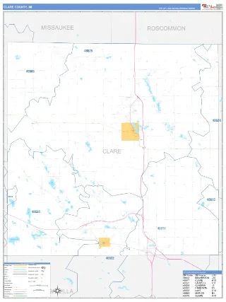 Clare County, MI Business Reference style ZIP Code wall map