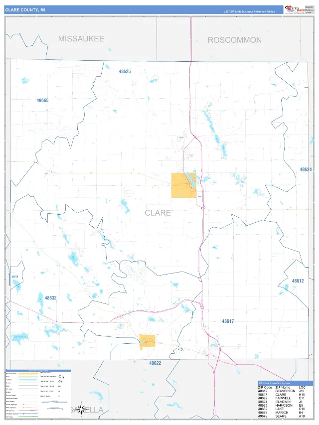 Clare County, MI ZIP Code Wall Map, Business Reference style