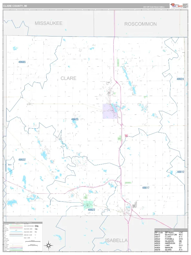 Clare County, MI ZIP Code Wall Map, Classic style