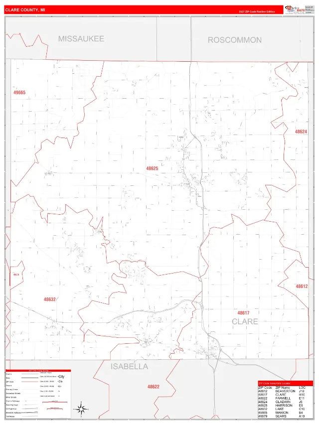 Clare County, MI ZIP Code Wall Map, RedLine style