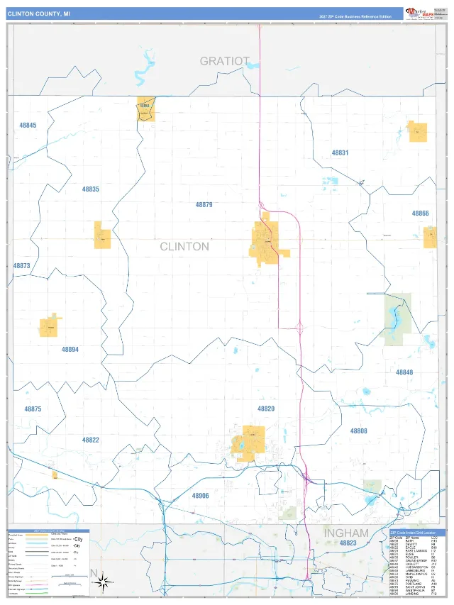 Clinton County, MI ZIP Code Wall Map, Business Reference style