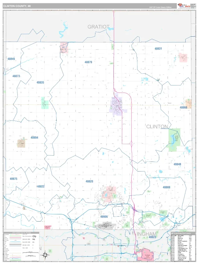 Clinton County, MI ZIP Code Wall Map, Classic style