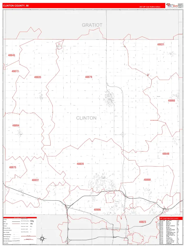 Clinton County, MI ZIP Code Wall Map, RedLine style