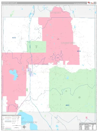 Crawford County, MI Classic style ZIP Code wall map