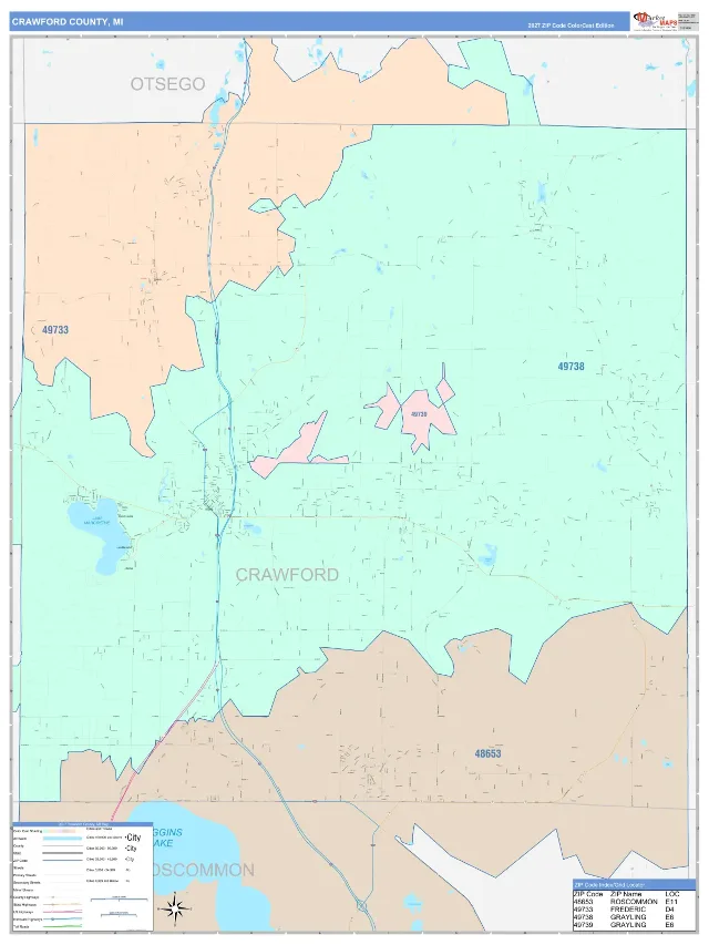 Crawford County, MI ZIP Code Wall Map, ColorCast style