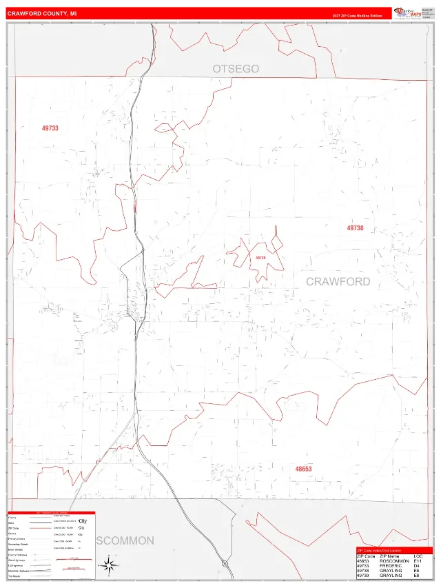 Crawford County, MI ZIP Code Wall Map, RedLine style