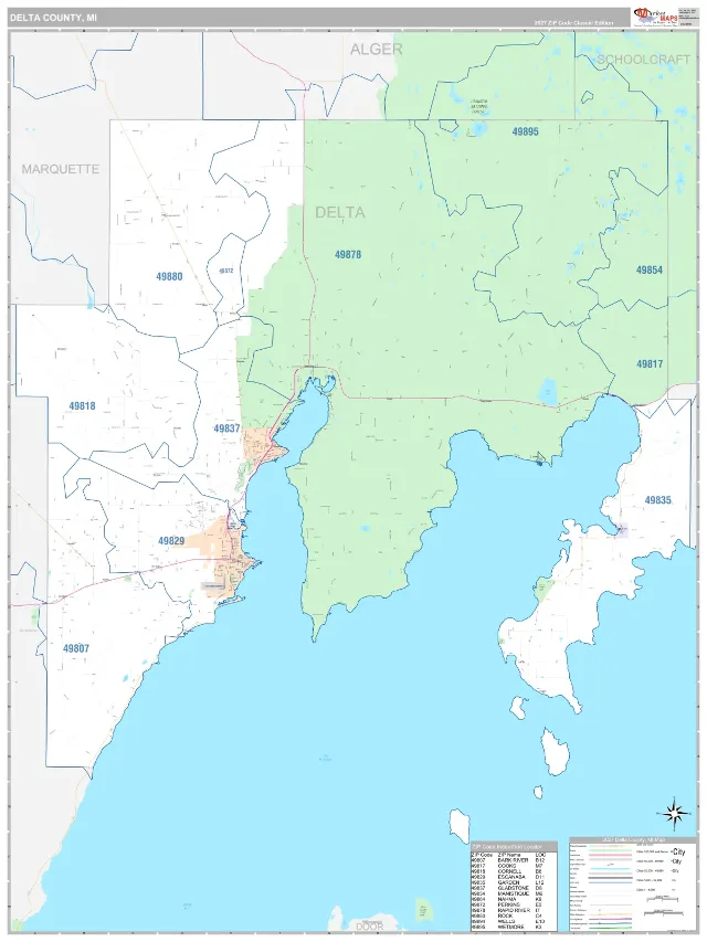 Delta County, MI ZIP Code Wall Map, Classic style