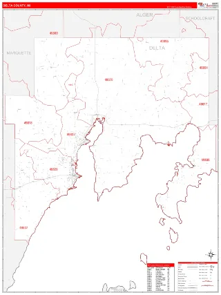 Delta County, MI RedLine style ZIP Code wall map