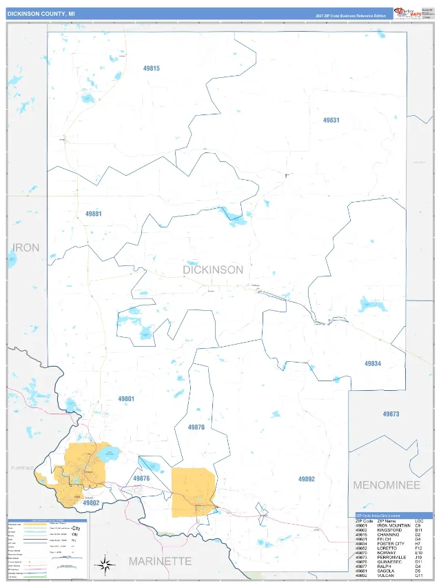 Dickinson County, MI ZIP Code Wall Map, Business Reference style