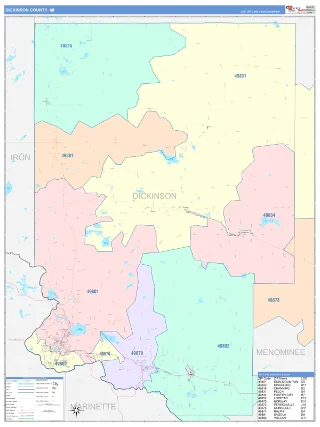 Dickinson County, MI ColorCast style ZIP Code wall map