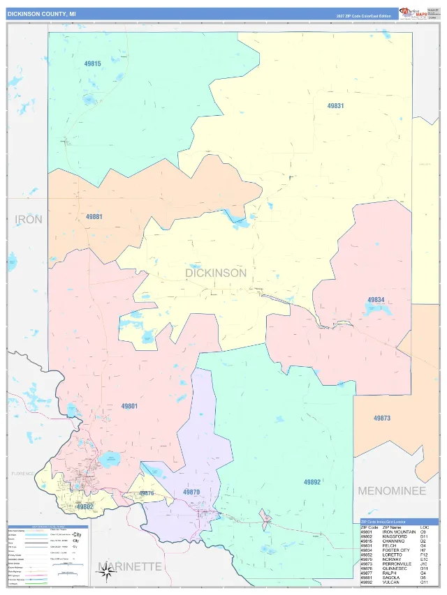 Dickinson County, MI ZIP Code Wall Map, ColorCast style