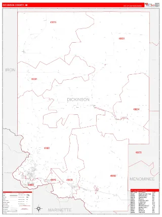 Dickinson County, MI RedLine style ZIP Code wall map