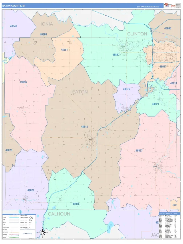 Eaton County, MI ZIP Code Wall Map, ColorCast style