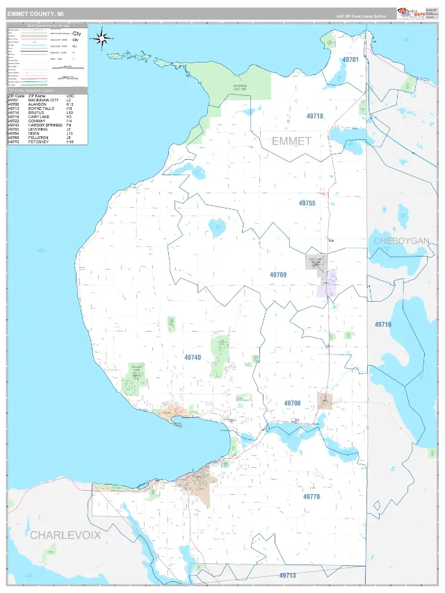Emmet County, MI ZIP Code Wall Map, Classic style