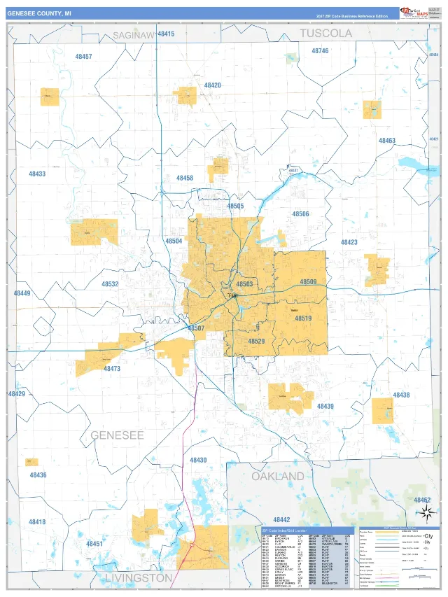 Genesee County, MI ZIP Code Wall Map, Business Reference style