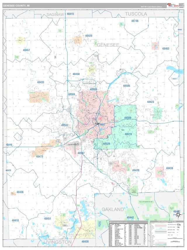 Genesee County, MI ZIP Code Wall Map, Classic style