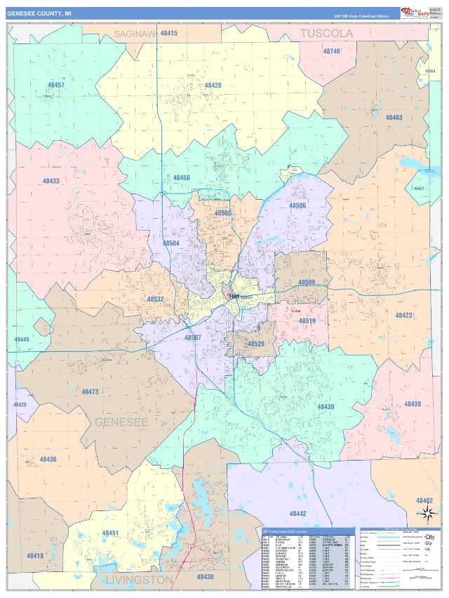 Genesee County, MI ZIP Code Wall Map, ColorCast style