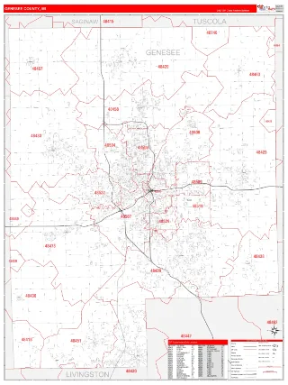 Genesee County, MI RedLine style ZIP Code wall map