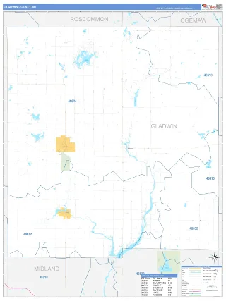Gladwin County, MI Business Reference style ZIP Code wall map