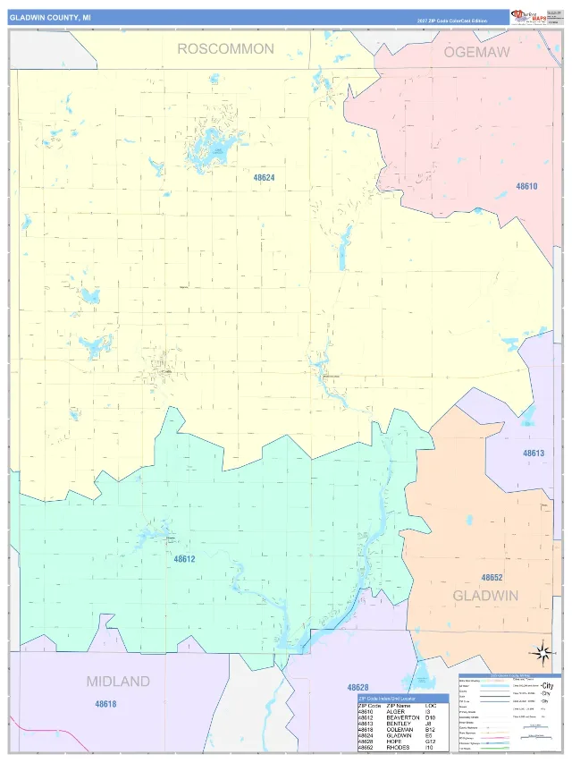 Gladwin County, MI ZIP Code Wall Map, ColorCast style