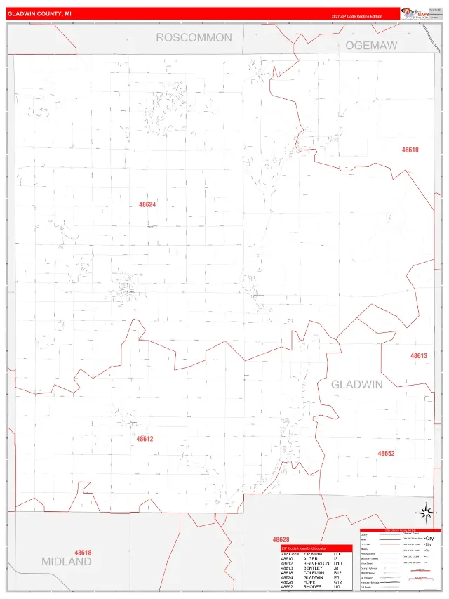 Gladwin County, MI ZIP Code Wall Map, RedLine style