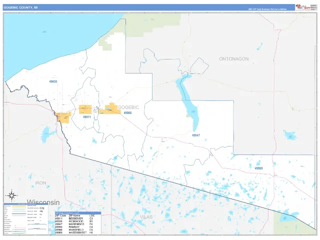 Gogebic County, MI ZIP Code Wall Map, Business Reference style