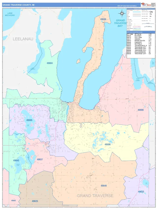 Grand Traverse County, MI ZIP Code Wall Map, ColorCast style