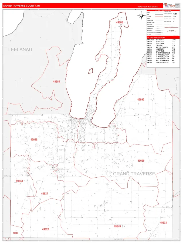 Grand Traverse County, MI ZIP Code Wall Map, RedLine style