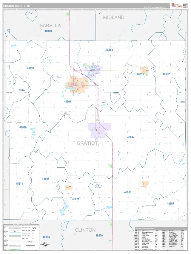 Gratiot County, MI ZIP Code Wall Map, Classic style
