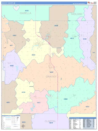 Gratiot County, MI ColorCast style ZIP Code wall map