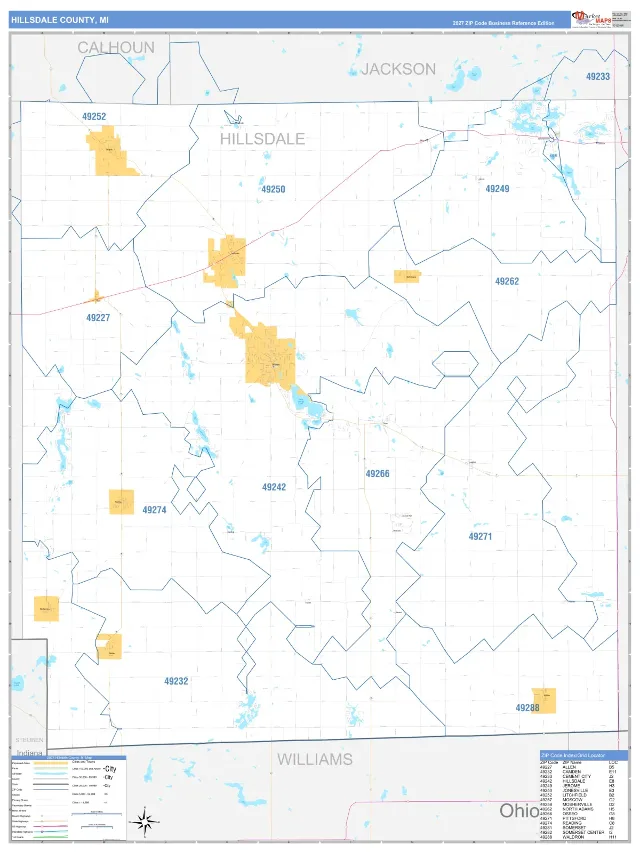 Hillsdale County, MI ZIP Code Wall Map, Business Reference style