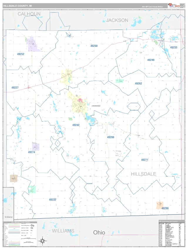 Hillsdale County, MI ZIP Code Wall Map, Classic style