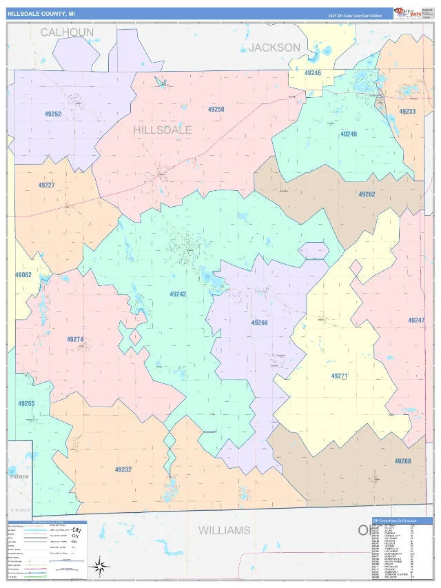Hillsdale County, MI ZIP Code Wall Map, ColorCast style