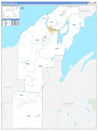 Houghton County, MI Business Reference style ZIP Code wall map