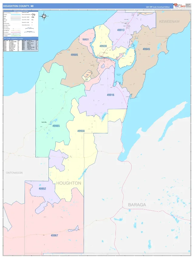 Houghton County, MI ZIP Code Wall Map, ColorCast style