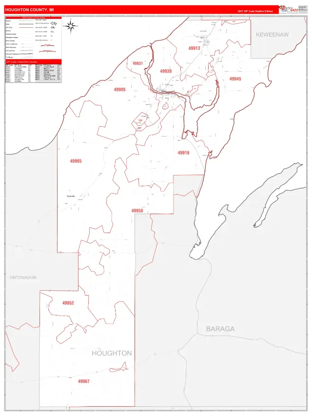 Houghton County, MI ZIP Code Wall Map, RedLine style