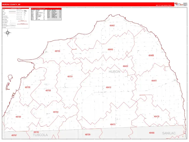 Huron County, MI ZIP Code Wall Map, RedLine style