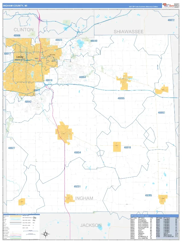 Ingham County, MI ZIP Code Wall Map, Business Reference style