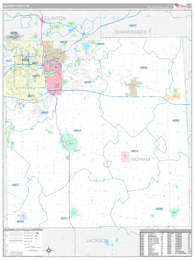 Ingham County, MI ZIP Code Wall Map, Classic style