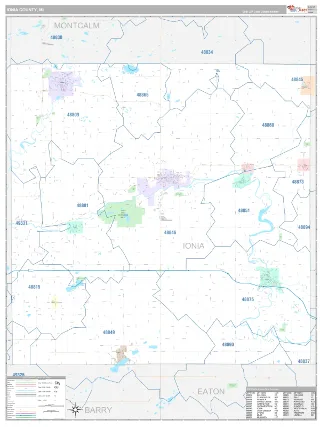 Ionia County, MI Classic style ZIP Code wall map