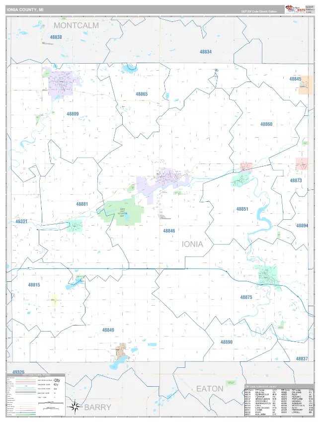 Ionia County, MI ZIP Code Wall Map, Classic style