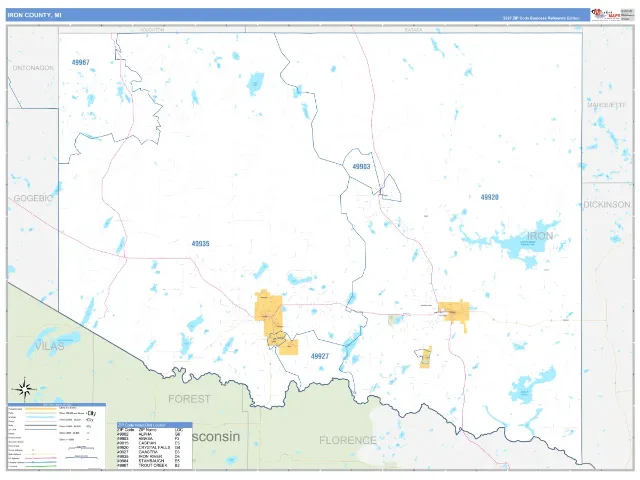 Iron County, MI ZIP Code Wall Map, Business Reference style