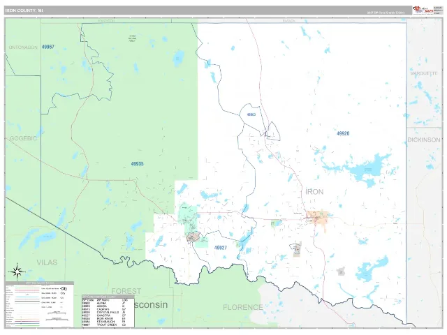 Iron County, MI ZIP Code Wall Map, Classic style