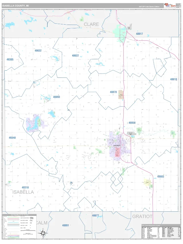 Isabella County, MI ZIP Code Wall Map, Classic style