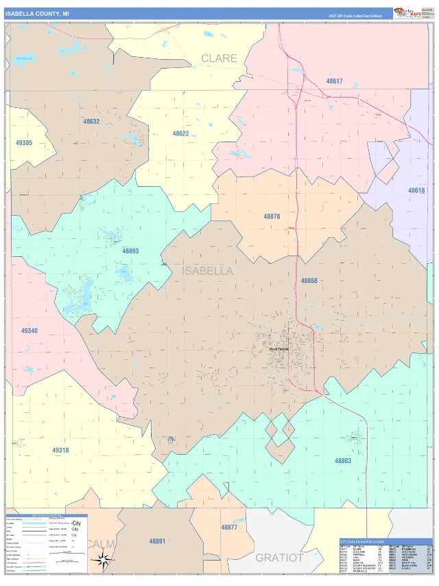 Isabella County, MI ZIP Code Wall Map, ColorCast style