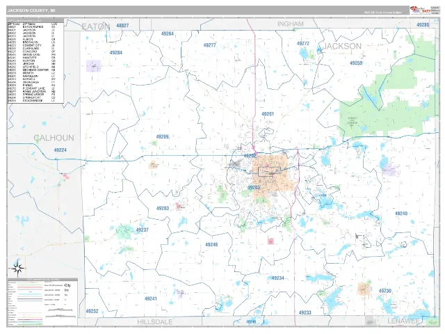 Jackson County, MI ZIP Code Wall Map, Classic style